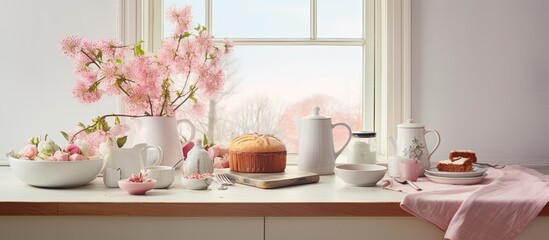 Fototapeta na wymiar In the bright, white kitchen, a table covered in a pink tablecloth showcased a healthy breakfast spread - fruit, milk, and a plate of eggs. A bottle of tea and a steaming cup of coffee sat near the