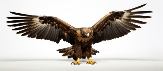 In a striking display of power and grace, the golden eagle, Aquila chrysaetos, spreads its magnificent wings, isolated in a white background, showcasing its white feathers and sharp, deadly claws. As - obrazy, fototapety, plakaty