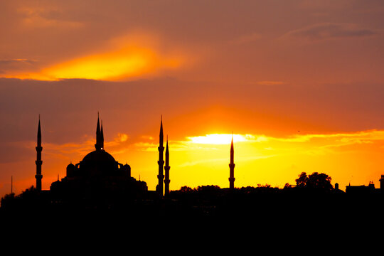 Ramadan or islamic concept photo. Silhouette of Blue Mosque or Sultanahmet