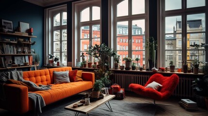 Dark blue sofa and recliner chair in Scandinavian apartment. The interior design of the modern living room. create using a generative AI tool 