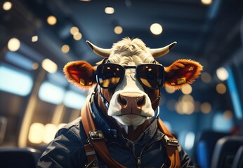 Cow become pilot, wearing glasses and hat, inside plane - obrazy, fototapety, plakaty
