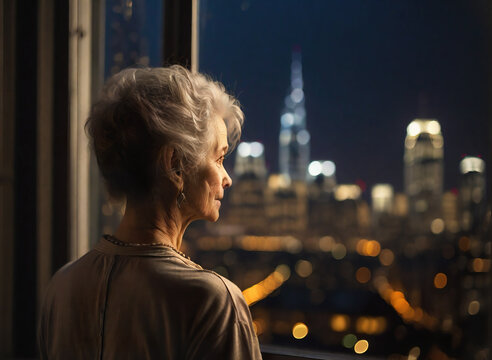 Elderly Woman Looking Out The Window At Night Over The Big City Skyline And Thinking, Illustration Generated By AI