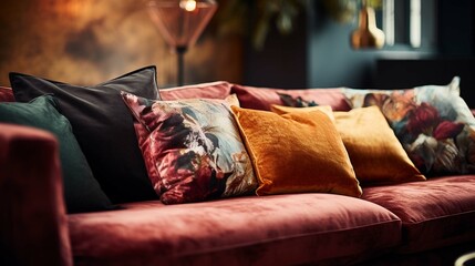 Closeup of comfortable Scandinavian sofa with futon and orange pillows. create using a generative AI tool 