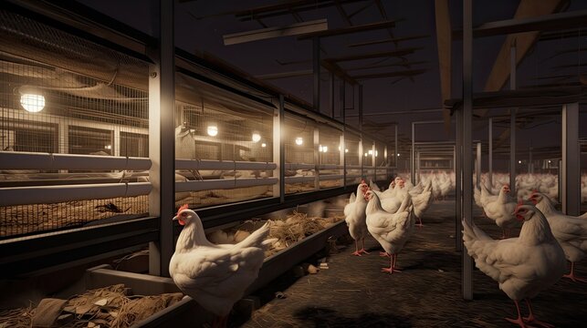 a poultry farm indoor, capturing broiler chicks feeding, the vibrant and dynamic atmosphere of the farm as the chicks engage in their feeding activities.