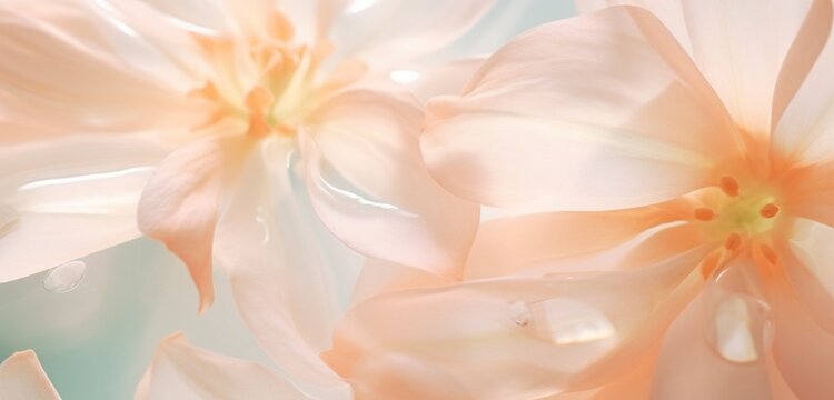 Extreme close-up of delicate flower petals, subtle peachy blush and pale mint greens, in the style of botanical photography, depth of field, serene visuals, minimalistic simplicity, close-up
