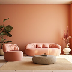 Fototapeta na wymiar Curved sofa, ottoman and armchair against coral wall with copy space. Japandi style home interior design of modern living room.