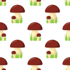 Yellow boletus mushrooms on white background. Vector seamless pattern. Stylized white mushrooms with brown caps in green grass.