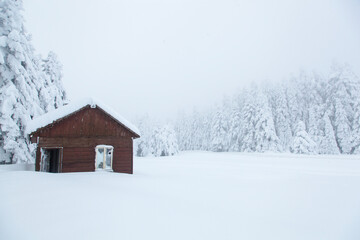 Fototapeta na wymiar Mountain House in the Winter Season Photo, Golcuk Lake National Park Bolu, Turkiye (Turkey)