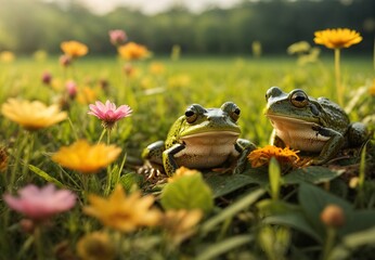 Frog in meadow field of flowers, nature background