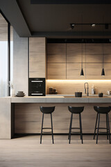 Kitchen in minimalist style. Bright or dark colors. Wood furniture, countertop. Modern interior design. Luxury dining room interior. created with Generative AI