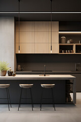 Kitchen in minimalist style. Bright or dark colors. Wood furniture, countertop. Modern interior design. Luxury dining room interior. created with Generative AI - obrazy, fototapety, plakaty