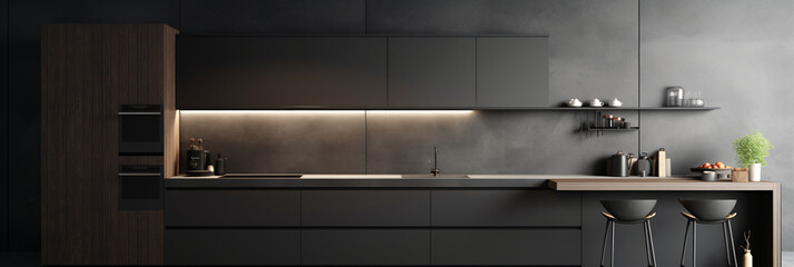 Kitchen in minimalist style. Bright or dark colors. Wood furniture, countertop. Modern interior design. Luxury dining room interior. created with Generative AI