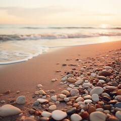 Fototapeta na wymiar pebbles on a sandy beach at sunrise