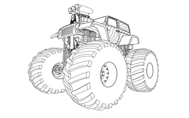 Coloring page. Line drawing of a car. A monster truck with a big engine. Classic American sports...