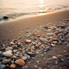 Fototapeta na wymiar pebbles on a sandy beach at sunrise