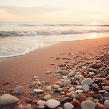 pebbles on a sandy beach at sunrise