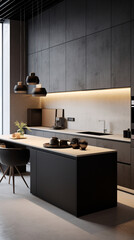 Kitchen in minimalist style. Bright or dark colors. Wood furniture, countertop. Modern interior design. Luxury dining room interior. created with Generative AI