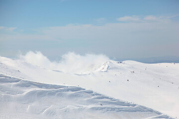 Fototapeta na wymiar Uludag Mountain Ski Center Drone Photo, Winter Season Uludag National Park, Bursa Turkiye (Turkey)
