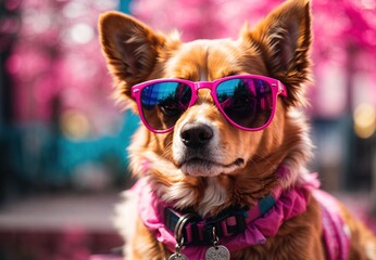 Dog wearing pink sunglasses on the street, animal model