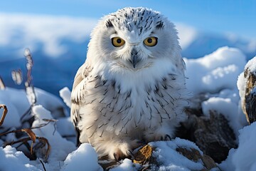 Snowy owl in arctic forest. Arctic birds in natural habitat.