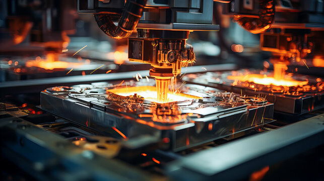 The CNC milling machine cutting the metal part with the sparking light. Industrial laser cutting metal with sparks. Laser cutting machine in metal industry. Generative AI technology.