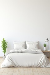Bright airy empty bedroom with white walls for bedding product mockup AI generated illustration