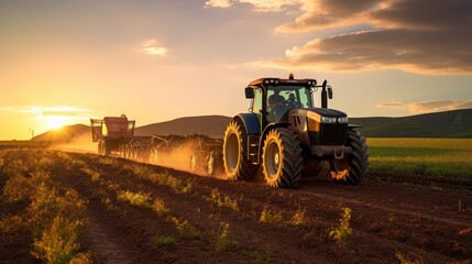 Obraz premium Tractor with a seeder in the field at sunset. The tractor is preparing the land for sowing.