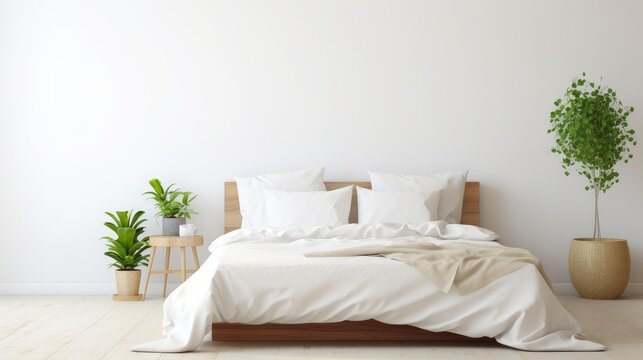 Bright airy empty bedroom with white walls for bedding product mockup  AI generated illustration