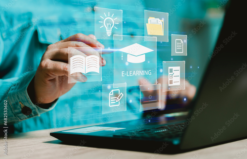 Poster concept of online education. man use online education training and e-learning webinar on internet fo