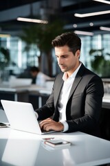Fototapeta premium Businessman working on his laptop in a sleek clean office AI generated illustration