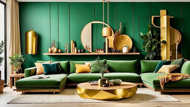 A modern apartment in the colors green and gold. AI generated