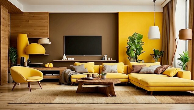 A modern living room decorated in yellow and brown. AI generated.