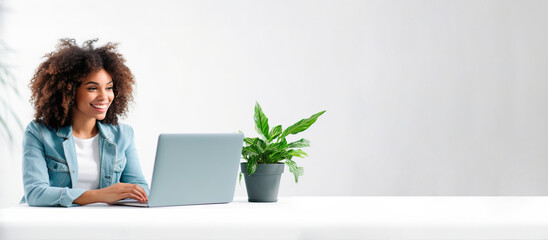 Modern Woman at Desk, Productivity in Home Workspace with White Background - Banner with Copyspace