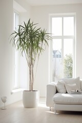 Clean white room with a tall simple plant in one corner for depth  AI generated illustration