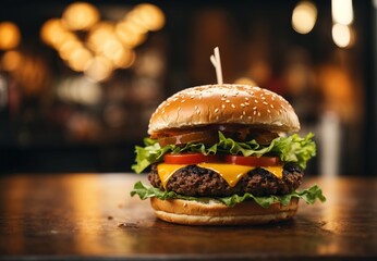 hamburger on a plate, wooden table top, commercial background