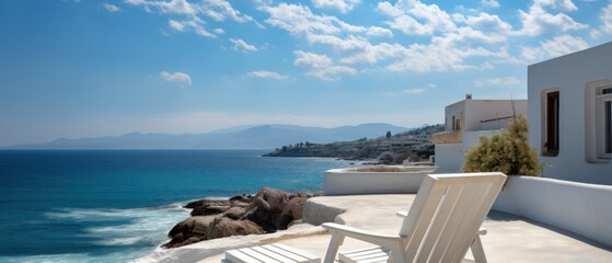 Beautiful view of the sea from the terrace of luxury mediterranean style villa. Seashore. Two Beach Chairs on Seashore. Deckchair. Vacation Concept with Copy Space. Mediterranean. - obrazy, fototapety, plakaty