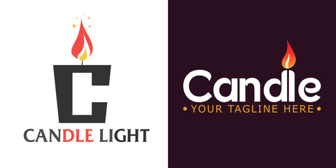 Burning Candle light C letter with typography word logo design vector, Candle logo design template vector