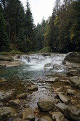 A bright blue river flowing through forest in a hidden park along the scenic drive in Hoverla mountains area in Ukraine