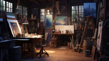 Obraz na płótnie Canvas Decluttered artist's studio with intense lighting AI generated