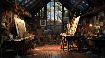 Decluttered artist’s studio with intense lighting AI generated