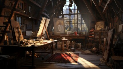 Decluttered artist's studio with intense lighting AI generated