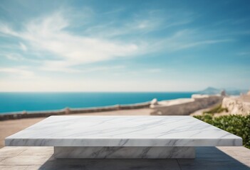 Fototapeta na wymiar White marble table top on blur ocean sea island and blue sky background