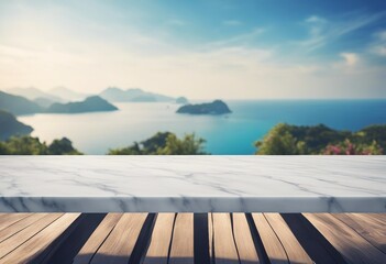 White marble table top on blur ocean sea island and blue sky background