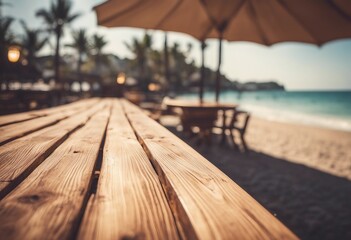 Wood table top on blur beach cafes background - can be used for display or montage your products