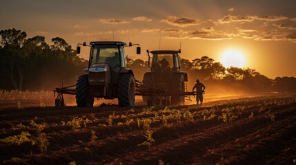 As the sun sets, a tractor with a seeder is busy preparing the field for sowing.