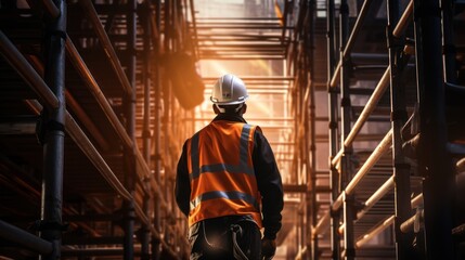 Fototapeta premium Clad in a safety helmet and reflective vest, the engineer confidently stands in the warehouse.