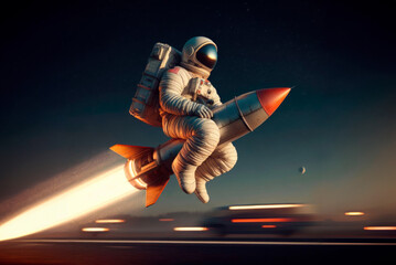 Astronaut riding a rocket at night. AI generative