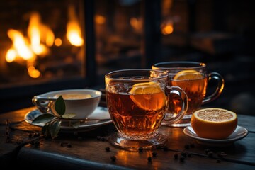 two cups of tea with lemon against the backdrop of a burning fireplace. The concept of home coziness and comfort.