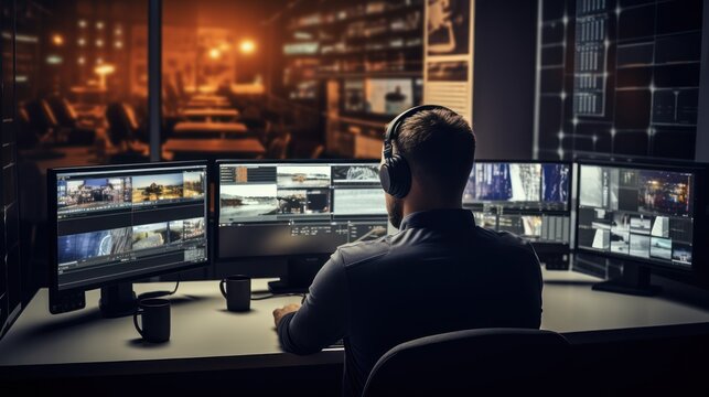 Seated at their desk, a security worker immersed in their duties wears headphones, attentively observing the surveillance footage on the monitor.