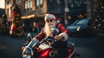 The concept of express delivery of gifts at Christmas. Santa Claus with white beard and red suit on motorcycle on decorated christmas tree and street lights